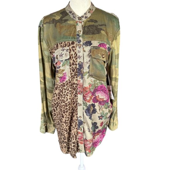 Pilcro by Anthropologie green pink floral camo button down shirt size XSP - Picture 1 of 13